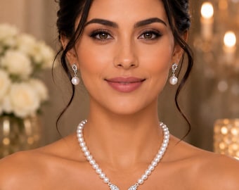 Conjunto de colar e madrinha em prata de lei com pérolas verdadeiras, delicado colar de pérolas de água doce naturais, elegante colar de pérolas, presente perfeito para ela.