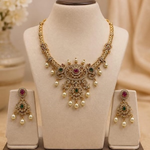 Antique Matte Gold Tone Traditional CZ & Ruby Green Stone Necklace Set with Pearl Drops Studded Earrings, Bridal Jewellery Gift for Her