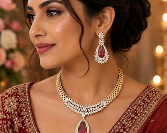 Conjunto de colar e brincos com pingente de gota de zircônia cúbica vermelha rubi, banhado a ouro, joia de noiva, colar de luxo para aniversário e casamento, presente para ela.