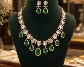 Emerald Green Precious Stone Polki Kundan Choker Necklace Set, Sabyasachi inspired Green Kundan Victorian Choker Set, Gift For Her