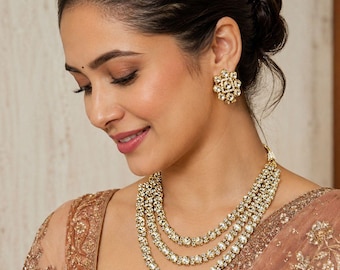 Conjunto de colar elegante Maharani com moissanita e kundan polki bruto, joia de noiva indiana para presente de casamento.