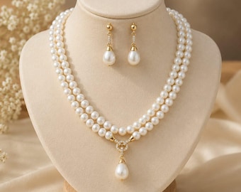 Conjunto vintage de colar e brincos em formato de pera com duas camadas, pingente dourado, joia de noiva para presente de casamento.