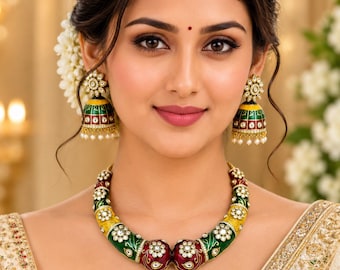 Conjunto de colar choker e brincos artesanais Royal Rajwadi Meenakari Kundan Jadau Hasli, joia de noiva Rajasthani para presente.