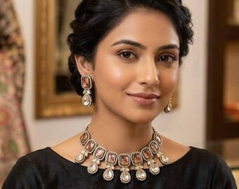 Conjunto de colar choker Royal Polki Kundan, inspirado em Sabyasachi, joias de noiva indianas, conjunto de joias para casamento estilo Bollywood, presente para ela.