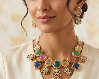 Conjunto de colar Kundan Polki estilo Navratna vitoriano de Bollywood, joias folheadas a ouro com pedras preciosas multicoloridas inspiradas em Sabyasachi, presente para ela.
