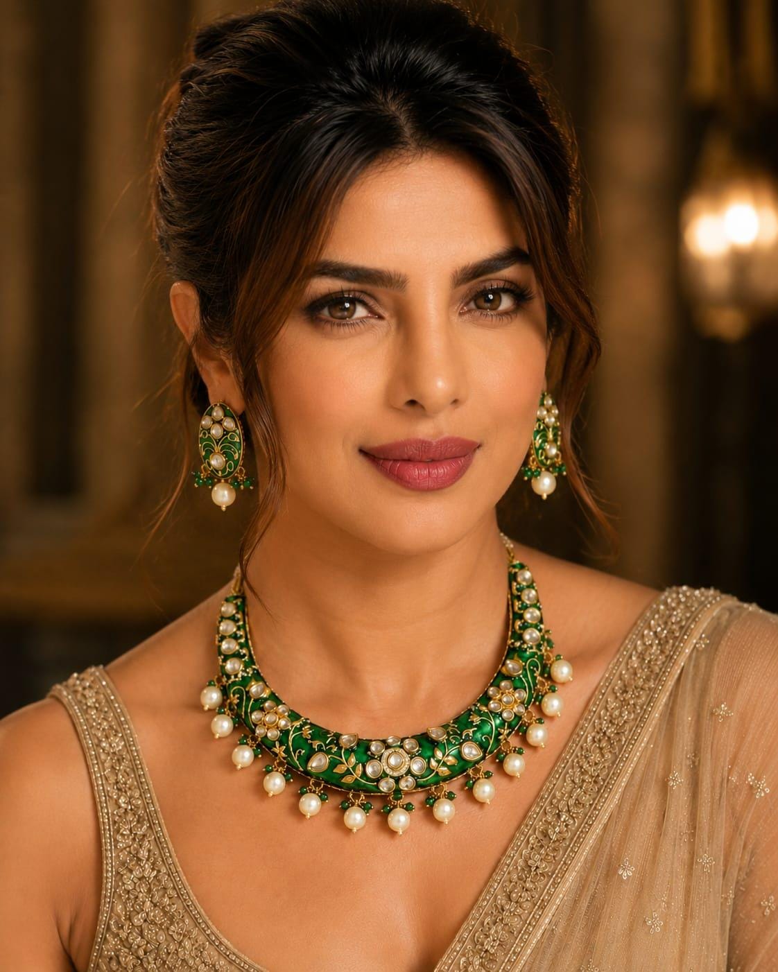 Actress Priyanka Chopra inspired Emerald Green Kundan Pearl Necklace Set with Matching Earrings, Indian Jewelry Bridal Necklace Set