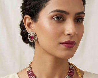 Emerald Pink Kundan Necklace Set with Matching Earrings, Moissanite Doublet Stone Necklace Set, Indian Jewelry Bridal Necklace Gift For Her