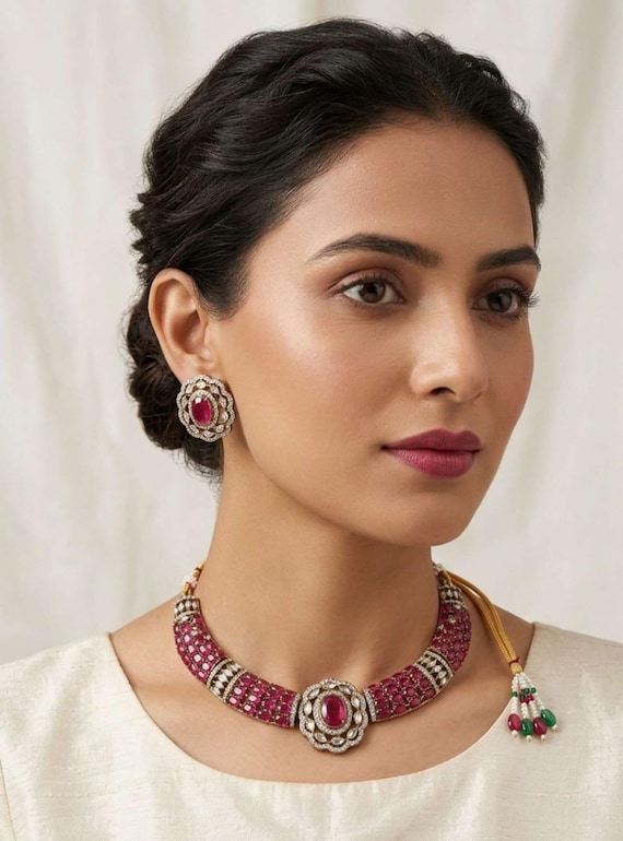 Emerald Pink Kundan Necklace Set with Matching Earrings, Moissanite Doublet Stone Necklace Set, Indian Jewelry Bridal Necklace Gift For Her