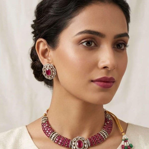 Emerald Pink Kundan Necklace Set with Matching Earrings, Moissanite Doublet Stone Necklace Set, Indian Jewelry Bridal Necklace Gift For Her