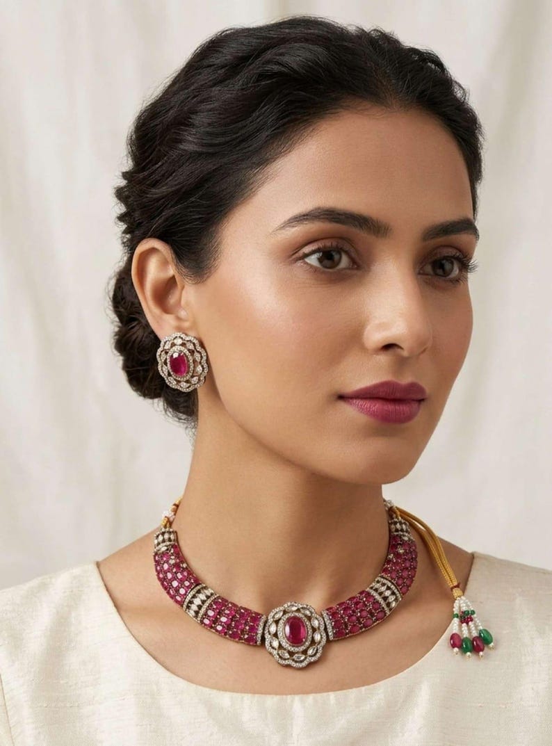 May include: A necklace and matching stud earrings set featuring oval-shaped deep pink stones surrounded by small white stones in a floral-inspired metal setting. The necklace includes a gold-toned cord with a small decorative tassel of beads.