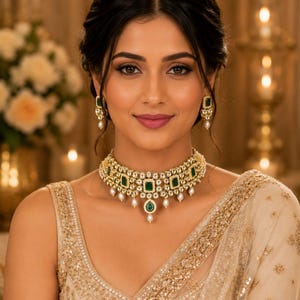 Exquisite Ruby Green Red Kundan Choker Necklace Set, Sabyasachi Inspired Moissanite Polki Fine Kundan Indian Jewellery Gift for Her