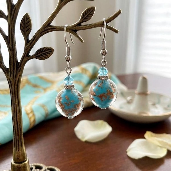 Handmade Turquoise Art Glass Earrings – Sommerso Murano Style Dangle Jewelry, Elegant Gift for Women