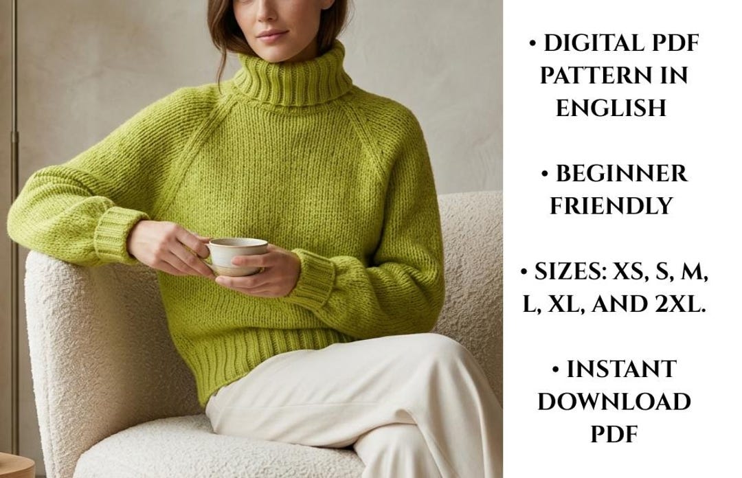 Raglan Turtleneck Sweater Knitting Pattern PDF, Beginner Top Down ...