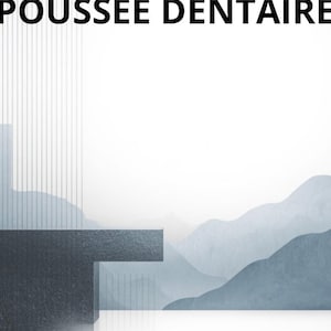 Peut inclure: Couverture de livre avec le titre "POUSSÉE DENTAIRE" en lettres noires grasses. La couverture présente un design minimaliste avec des formes géométriques et une chaîne de montagnes dans des tons de bleu et de gris. Le nom de l'auteur, "Par le Dr Menjra", est en bas.