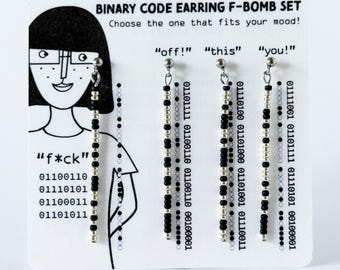Secret Message F-Bomb Computer Code Earrings Set-Stainless Steel-Layered-Gold or Silver