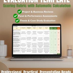 May include: A laptop displays an evaluation template with a scoring rubric. The screen shows a table with columns for criteria and ratings. Text on the screen includes "Project & Business Reviews" and "Thesis & Case Study Evaluation."