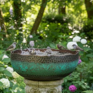 May include: A decorative bird bath with a hammered copper bowl and a weathered stone pedestal. Several small birds are perched on the edge and in the water, splashing. The background features lush green foliage and colorful flowers.