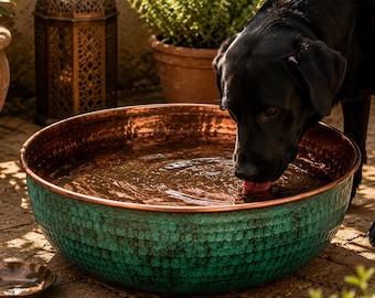 Copper Dog Bowl – Rustic Pet Water Bowl for Large Dogs – Outdoor Garden Pet Dish – Hammered Copper Basin