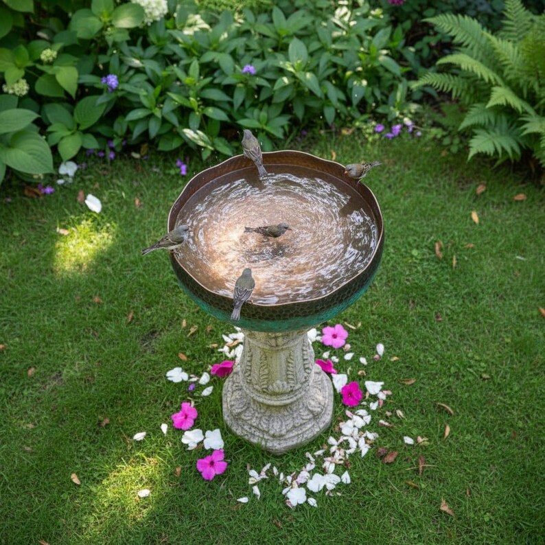 May include: A decorative bird bath with a bronze-colored bowl and a green rim, filled with water. Several small birds are perched on the edge and in the water. The bird bath sits on a carved stone pedestal, surrounded by green grass and flowers.