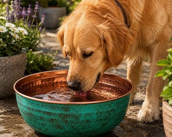 Moroccan Copper Dog Bowl – Rustic Pet Water Bowl for Large Dogs – Outdoor Garden Pet Dish – Hammered Copper Basin