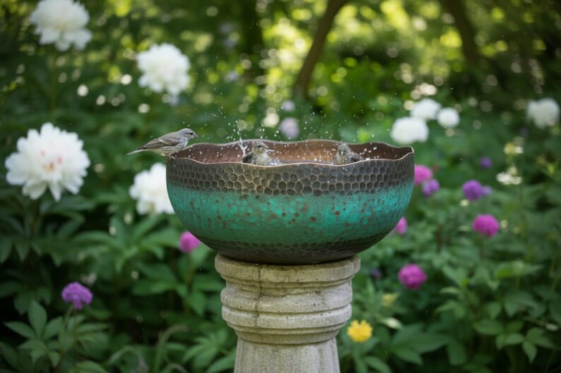 May include: A bird bath with a textured bronze and teal bowl, set on a stone pedestal. Several small birds are bathing in the water, creating splashes. The background features lush greenery and white and purple flowers.