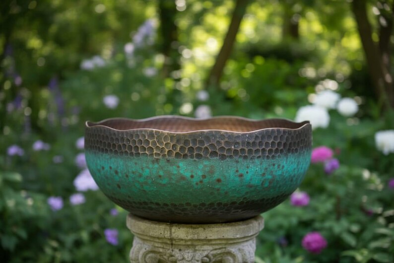 May include: A decorative bowl with a textured surface and a unique color gradient. The top edge is a dark brown, transitioning to a vibrant teal in the middle, and a darker brown at the bottom. The bowl is placed on a stone pedestal, with a blurred garden background.