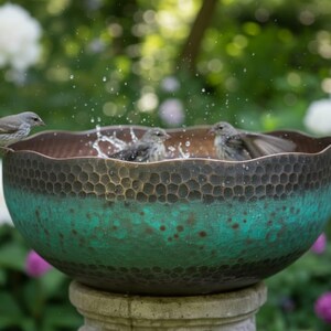 May include: A decorative bird bath with a textured bronze and teal finish. Several small birds are bathing in the water, with one perched on the edge. The background features lush greenery and flowers.