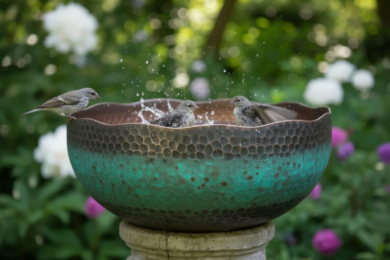 May include: A decorative bird bath with a textured bronze and teal finish. Several small birds are bathing in the water, with one perched on the edge. The background features lush greenery and flowers.