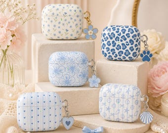 Blue Floral AirPods Case Set, Cute Coquette AirPods Gen 1 2 3 4 Pro Cover, Girly Aesthetic Earbuds Case, Floral & Pattern Bundle,No Keychain