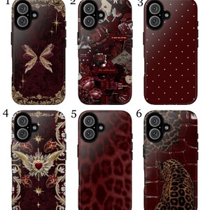 May include: A collection of six phone cases in shades of burgundy and brown. Designs include a butterfly, collage, polka dots, winged heart, leopard print, and a leopard against a textured background. Each case has a camera cutout.