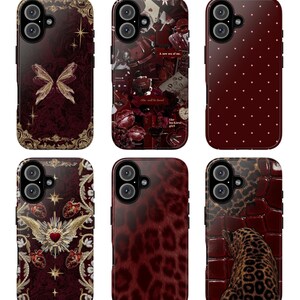May include: A collection of six phone cases with various designs. The cases feature a deep burgundy color with patterns including a butterfly, collage, polka dots, a heart with wings, leopard print, and a leopard against a brick background.