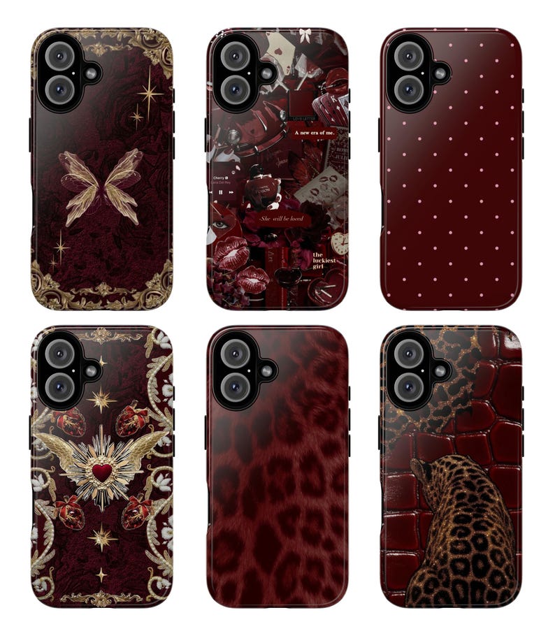 May include: A collection of six phone cases with various designs. The cases feature a deep burgundy color with patterns including a butterfly, collage, polka dots, a heart with wings, leopard print, and a leopard against a brick background.