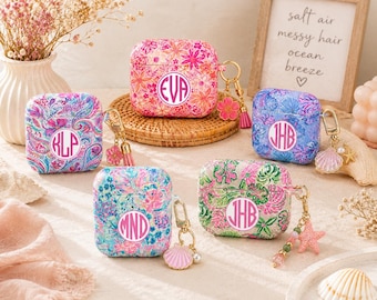 Personalized Floral AirPods Case, Custom Monogram AirPods Gen 1 2 3 4 Pro Cover, Pink Preppy Case, Cute Lilly Style Hard Cover, No Keychain