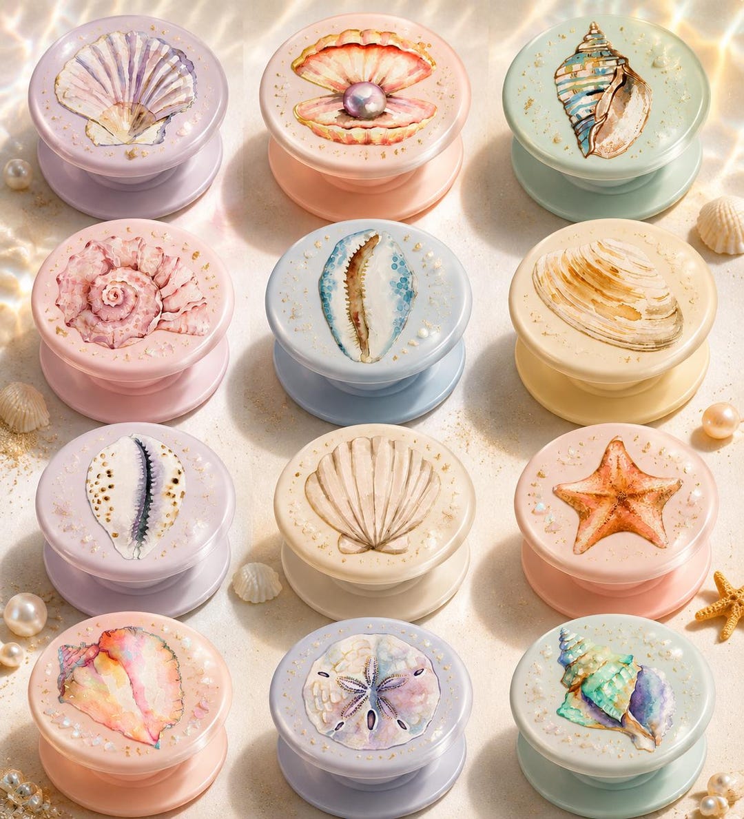 Pastel Seashell Phone Grip Set, Mermaid Coastal Pop Socket, Cute Shell ...