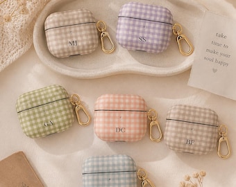 Boho Gingham Personalized Monogram Airpods Case Initials, Tough Accessories for Airpod Gen 1 2 3 4 Pro, Ideal Gift For Her, No Keychain