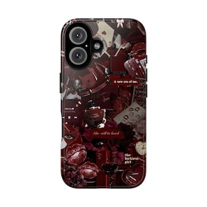 May include: A burgundy phone case with a collage design. The design includes lipstick, roses, perfume, playing cards, and text that reads "LOVE LETTER", "A new era of me", "She will be loved", and "the luckiest girl".