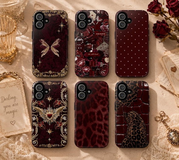 Dark Coquette Phone Case, Gothic Cherry Red iPhone 17 16 15 Pro Max Case, Burgundy Leopard Aesthetic Cover, Vintage Romantic Goth Phone Case