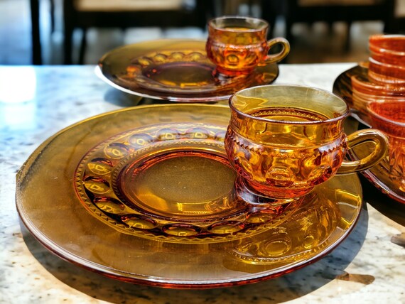 Vintage Amber Indiana Glass Luncheon Set: Thumbprint Kings Crown