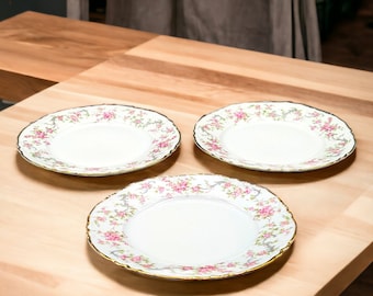 SET OF 3 Rare Hutschenreuther Richelieu 7 1/2 Inch Salad Plates Pink Roses with Gold Scalloped Edging Circa 1940s Germany