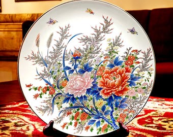 Plato vintage Toyo Japan con diseño floral: crisantemos y detalles dorados, 31,75 cm (12,5 pulgadas)
