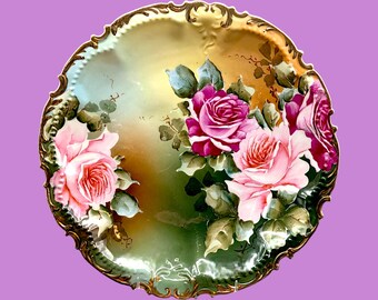 Antique Nippon Porcelain Bowl, Hand Painted Roses, Heavy Gold Gilt, 10.25"