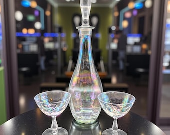 Vintage Iridescent Glass Decanter with 2 Stemmed Glasses
