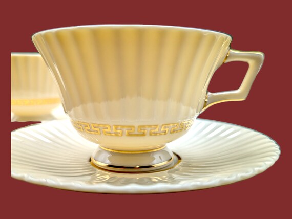 Vintage Lenox Cretan Cups and Saucers Set: Ivory Porcelain, Gold