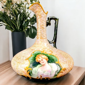 Antique Beautiful Vienna Austria Porcelain Portrait Pitcher Signed MLZ V11 Circa 1920s