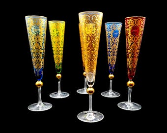Vintage Theresienthal Millennium Champagne Flutes Set of 6, 24K Gold Bavaria 1995-2000