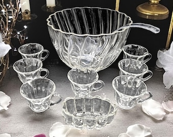 Vintage Hazel Atlas Colonial Swirl Punch Bowl Set with Cups