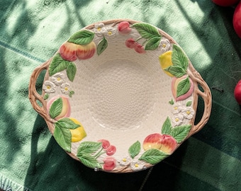 Vintage 1990 Fitz & Floyd Fruit Basket Serving Bowl Handled Ceramic Bowl