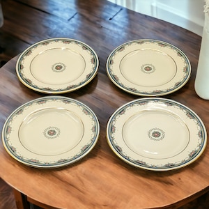 Vintage Royal Doulton Albany Set 4 Bread Plates 6 1/2 Inch Bone China H5121 England Cream Color Gold Trim Blue and Pink Flowers 1986-2001