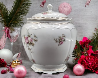 Rare Antique Lidded Jar, Crafted From O & E G Royal Austria Porcelain and Adorned With a Delicate Pink Wild Rose Design