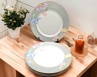 Vintage Mikasa Charisma Gray Floral Dinner Plates, Set of 4